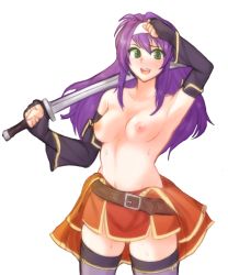 Rule 34 | 1girl, armpits, blush, breasts, fire emblem, fire emblem: path of radiance, fire emblem: radiant dawn, green hair, hair between eyes, highres, holding, holding sword, holding weapon, long hair, mia (fire emblem), navel, nintendo, nipples, purple hair, small breasts, solo, sword, thighhighs, thighs, topless, transparent background, tridisart, weapon