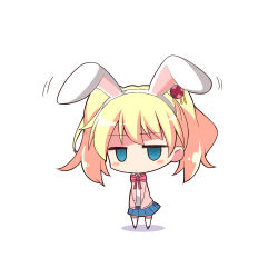Rule 34 | 10s, 1girl, alice cartelet, animal ears, blonde hair, blue eyes, blush stickers, bow, rabbit ears, cardigan, chibi, gia kon, hair ornament, highres, jitome, kin-iro mosaic, looking at viewer, school uniform, shadow, short hair, skirt, solid circle eyes, solo, standing, thighhighs, twintails, white background