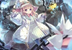 Rule 34 | 1girl, absurdres, blonde hair, blue eyes, bow, box, chain, duel monster, gift, gift box, hat, highres, holding, holding staff, jacket, kanzakietc, long sleeves, medium hair, open clothes, open jacket, open mouth, risette of the white woods, solo, staff, white footwear, wide sleeves, witch, witch hat, yu-gi-oh!