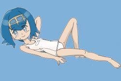 Rule 34 | 1girl, alternate costume, arm behind head, arm up, artist request, bare shoulders, barefoot, blue background, blue eyes, blue hair, blush, child, collarbone, creatures (company), eyes visible through hair, feet, female focus, flat chest, full body, game freak, hair ornament, headband, lana (pokemon), looking at viewer, lying, matching hair/eyes, nintendo, on side, one-piece swimsuit, outline, pokemon, pokemon sm, short hair, simple background, smile, solo, swimsuit, white one-piece swimsuit