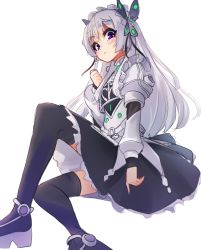 Rule 34 | 1girl, armor, black dress, black footwear, boots, butterfly hair ornament, chaika trabant, dethmaid, dress, hair ornament, highres, hitsugi no chaika, juliet sleeves, long hair, long sleeves, looking at viewer, maid headdress, platform footwear, puffy sleeves, purple eyes, shoulder armor, sitting, solo, thigh boots, thighhighs, white hair