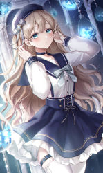 Rule 34 | 1girl, beret, blue bow, blue choker, blue eyes, blue hat, blue skirt, blush, bow, choker, commentary, cowboy shot, dress, hanging light, hat, highres, light brown hair, long hair, long sleeves, looking at viewer, original, outdoors, parted lips, sailor dress, shirt, skirt, solo, standing, suspender skirt, suspenders, symbol-only commentary, thighhighs, tsumugi 8345, white shirt, white thighhighs