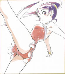 Rule 34 | 1girl, absurdres, blush, bracelet, dress, feet out of frame, figure skating, figure skating dress, highres, hikami no crown, jewelry, leotard, long hair, looking at viewer, marker (medium), parted lips, ponytail, purple hair, red dress, red eyes, simple background, solo, sparkle, tayama midori, traditional media, white background