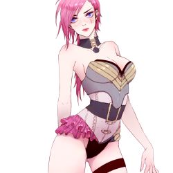 Rule 34 | 1girl, blue eyes, breasts, choker, cleavage, corset, frills, gluteal fold, heather37, highres, league of legends, pink hair, red lips, short hair, simple background, solo, tattoo, thigh strap, vi (league of legends)