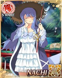 10s 1girl blue_hair blush boat boots breasts card_(medium) character_name cleavage dress emblem closed_eyes female_focus fishing_rod frilled_dress frills hand_on_own_face hat large_breasts long_hair long_jacket money nachi_(senran_kagura) official_art open_mouth senran_kagura senran_kagura_new_wave shuriken smile solo straw_hat suitcase watercraft weapon yaegashi_nan