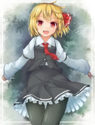 Rule 34 | 1girl, arm garter, black legwear, black skirt, black vest, blonde hair, collared shirt, cowboy shot, fang, frilled skirt, frills, hair ribbon, juliet sleeves, long sleeves, looking at viewer, necktie, open mouth, outstretched arms, puffy sleeves, red eyes, red necktie, red ribbon, ribbon, rumia, shirt, short hair, skirt, smile, solo, spread arms, touhou, uumaru1869, vest, white shirt, wide sleeves