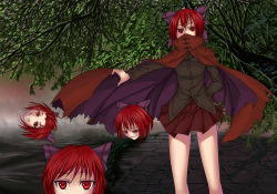Rule 34 | 1girl, blouse, bow, canal, cape, cape lift, covering own mouth, disembodied head, fog, grin, hair bow, high collar, highres, katahashi, long sleeves, looking at viewer, lying, on side, path, red eyes, red hair, road, sekibanki, shirt, short hair, skirt, smile, solo, touhou, willow