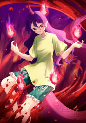Rule 34 | 1girl, absurdres, commentary, feet out of frame, fire, frilled shorts, frills, green shirt, green shorts, highres, horns, long hair, looking at viewer, nettian51, open mouth, pointy ears, purple hair, red eyes, shirt, short sleeves, shorts, single horn, solo, tail, tenkajin chiyari, touhou