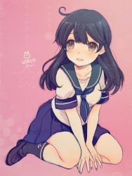 Rule 34 | 1girl, ahoge, bad id, bad twitter id, black hair, black socks, blue skirt, blush, breasts, brown eyes, character name, full body, kantai collection, kneehighs, long hair, looking to the side, medium breasts, neckerchief, open mouth, pink background, pleated skirt, sanada nako, school uniform, seiza, serafuku, simple background, sitting, skirt, socks, solo, twitter username, ushio (kancolle)
