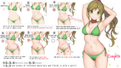 Rule 34 | 1girl, armpits, arms up, bikini, blush, breasts, brown hair, commentary request, cropped legs, english text, fang, fang out, gatchan, green bikini, green eyes, hair bobbles, hair ornament, halterneck, highres, how to, inuyama aoi, large breasts, long hair, looking at viewer, multiple views, navel, side-tie bikini bottom, side ponytail, simple background, skin fang, skindentation, smile, standing, stomach, string bikini, swimsuit, thick eyebrows, white background, yurucamp