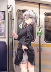 Rule 34 | 1girl, absurdres, aged up, alternate costume, ass, blazer, bloomers, braid, clothes lift, commentary request, from behind, genshin impact, gradient hair, green eyes, grey hair, hair between eyes, hair ornament, highres, holding, jacket, koyui (ziwei), lifted by self, long hair, long sleeves, looking at viewer, looking back, multicolored hair, nahida (genshin impact), pleated skirt, pointy ears, reflection, school uniform, seat, sidelocks, single braid, skirt, skirt lift, smile, solo, symbol-shaped pupils, train, train interior, twintails, underwear, window