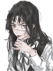 Rule 34 | 1girl, black hair, chainsaw man, cross scar, dino (dinoartforame), dress, duplicate, facial scar, fourth east high school uniform, highres, lipstick, long hair, looking at viewer, makeup, messy hair, pinafore dress, pixel-perfect duplicate, ringed eyes, scar, scar on cheek, scar on face, school uniform, simple background, sleeveless dress, smeared lipstick, solo, white background, yellow eyes, yoru (chainsaw man)