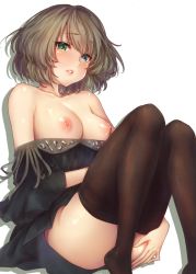 Rule 34 | 1girl, bare shoulders, black dress, black pantyhose, blue eyes, breasts, breasts out, clothes pull, collarbone, cover, cover page, dress, green eyes, green hair, heterochromia, idolmaster, idolmaster cinderella girls, kazabuki poni, large breasts, lips, looking at viewer, mole, mole under eye, nipples, pantyhose, pantyhose pull, parted lips, photoshop (medium), short hair, sitting, solo, takagaki kaede, thighs