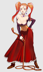 Rule 34 | 1girl, bad id, bad pixiv id, bare shoulders, bead, blush, boots, bow, breasts, choker, cleavage, collarbone, corset, dragon quest, dragon quest viii, earrings, eyelashes, grey background, hand on own hip, holding, holding weapon, jessica albert, jewelry, large breasts, long hair, long skirt, off shoulder, open mouth, purple shirt, red eyes, red hair, red skirt, shiny skin, shirt, simple background, skirt, solo, solo focus, twintails, weapon, whip, zakki