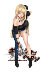 Rule 34 | 1girl, asymmetrical clothes, bare shoulders, black footwear, black shirt, blonde hair, blunt bangs, blush, breasts, brown eyes, cleavage, collarbone, cutoffs, denim, flower, full body, gang of heaven, gun, hair flower, hair ornament, handgun, highres, holding, holding gun, holding weapon, jewelry, large breasts, leaning forward, long hair, looking at viewer, masami chie, necklace, off-shoulder shirt, off shoulder, official art, parted lips, shiny skin, shirt, shoes, short sleeves, solo, standing, taut clothes, taut shirt, trigger discipline, very long hair, weapon