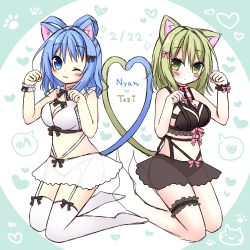 Rule 34 | 2girls, ;3, animal ears, bad id, bad pixiv id, bare shoulders, black bow, black skirt, blue eyes, blue hair, blush, bow, breasts, bridal garter, cat ears, cat girl, cat tail, cleavage, closed mouth, crop top, garter straps, ghost tail, green eyes, green hair, hair between eyes, hair bow, hair rings, heart, heart tail duo, highres, himetsuki luna, kaku seiga, kemonomimi mode, kneeling, long hair, medium breasts, multiple girls, musical note, no shoes, one eye closed, paw pose, pink bow, quaver, see-through, skirt, soga no tojiko, spoken heart, spoken musical note, tail, thighhighs, touhou, white legwear, white skirt, wrist cuffs