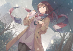 Rule 34 | 1girl, bad id, bad pixiv id, bare tree, black pantyhose, blue eyes, brown coat, brown hair, building, closed mouth, cloud, cloudy sky, coat, day, dress, dutch angle, floating hair, food, from below, holding, holding food, holding umbrella, k-me, long hair, long sleeves, looking away, looking to the side, motion blur, multicolored clothes, multicolored scarf, open clothes, open coat, original, outdoors, pantyhose, purple sweater, ribbed sweater, scarf, sky, snowing, solo, striped clothes, striped scarf, sweater, sweater dress, tree, umbrella, wind, winter, wrapper