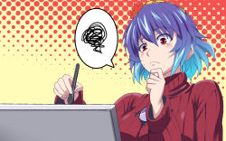 Rule 34 | 1girl, aqua hair, drawing tablet, female focus, gradient hair, h-new, highres, mirror, multicolored hair, purple hair, red eyes, ribbed sweater, short hair, solo, spoken squiggle, squiggle, stylus, sweater, touhou, upper body, yasaka kanako