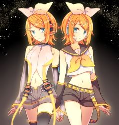 Rule 34 | 2girls, akiyoshi (tama-pete), black background, blonde hair, blouse, blue eyes, bow, detached sleeves, dual persona, hair bow, headphones, holding hands, kagamine rin, kagamine rin (append), midriff, multiple girls, neckerchief, parted lips, sailor collar, shirt, short hair, short shorts, shorts, side-by-side, star (sky), vocaloid, vocaloid append, white shirt
