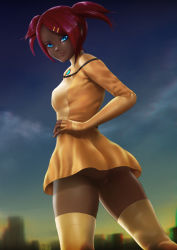 Rule 34 | 1girl, ass, autobot, blue eyes, breasts, censored, dark-skinned female, dark skin, dress, elbow gloves, fingerless gloves, gloves, hand on own hip, highres, lips, looking at viewer, looking back, mosaic censoring, ningyon mereman, no panties, pussy, red hair, sari sumdac, short dress, short hair, short twintails, shorts under dress, small breasts, solo, thighhighs, transformers, transformers animated, twintails, yellow dress, yellow gloves, yellow thighhighs