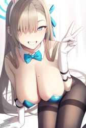 Rule 34 | 1girl, animal ears, asuna (blue archive), asuna (bunny) (blue archive), bad id, bad twitter id, bare shoulders, blue archive, blue eyes, blue leotard, blush, bow, bowtie, breasts, brown pantyhose, cleavage, detached collar, elbow gloves, fake animal ears, gloves, grin, hair over one eye, halo, highleg, highleg leotard, highres, large breasts, leotard, light brown hair, long hair, looking at viewer, mole, mole on breast, pantyhose, playboy bunny, rabbit ears, smile, solo, thighs, traditional bowtie, umihotaru harumare, v, white gloves