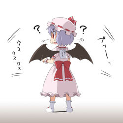 Rule 34 | 1girl, ?, bat wings, blue hair, dress, fang, haruna mao, hat, hat ribbon, kickme, looking back, mob cap, note, pink dress, pinned, puffy short sleeves, puffy sleeves, red eyes, remilia scarlet, revision, ribbon, sash, short hair, short sleeves, solo, sweatdrop, touhou, translated, turning head, wings, wrist cuffs