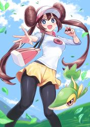 Rule 34 | 1girl, :d, bag, black pantyhose, blue eyes, blue sky, blush, breasts, brown hair, cloud, creatures (company), deadnooodles, double bun, feet out of frame, field, floating hair, game freak, gen 5 pokemon, grass, hair bun, handbag, highres, leaf, long hair, long sleeves, looking at viewer, medium breasts, nintendo, open hand, open mouth, outdoors, outstretched arm, pantyhose, pantyhose under shorts, poke ball print, pokemon, pokemon bw2, print shirt, raglan sleeves, rosa (pokemon), shirt, shorts, sky, smile, snivy, twintails, upshorts, visor cap, wristband, yellow shorts