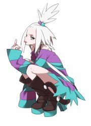 Rule 34 | 1girl, blue eyes, boots, bra strap, creatures (company), dress, forehead, freckles, game freak, gym leader, hair bobbles, hair ornament, looking at viewer, middle finger, mura (lambmam), nintendo, pokemon, pokemon bw2, roxie (pokemon), solo, squatting, striped clothes, striped dress, tongue, tongue out, topknot, white background, white hair
