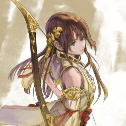 Rule 34 | 1girl, aya (infinite undiscovery), blue eyes, bow (weapon), brown hair, closed mouth, detached sleeves, hair ornament, highres, infinite undiscovery, kajimoto yukihiro, long hair, looking at viewer, simple background, smile, solo, weapon