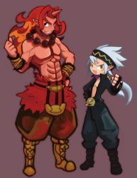 Rule 34 | 2boys, boots, choker, clenched hand, colored skin, disgaea, fingerless gloves, full body, gloves, grey hair, grin, hand on own hip, headband, horns, kazamine (stecca), long hair, makai senki disgaea 5, male focus, multiple boys, muscular, pants, ponytail, purple background, red hair, red magnus, red skin, topless male, single horn, smile, standing, thumbs up, yellow eyes, zeroken (disgaea)