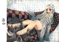 Rule 34 | 1girl, bare legs, barefoot, blunt bangs, blush, couch, dress, feet, foreshortening, frilled dress, frills, full body, grey dress, hair ornament, john hathway, long hair, long sleeves, looking afar, looking to the side, lying, original, pink eyes, red eyes, sidelocks, silver hair, sitting, solo, tareme, toes