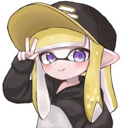 Rule 34 | 1girl, :q, baseball cap, black hat, black sweater, blonde hair, blush, commentary, hat, inkling, inkling girl, inkling player character, long hair, looking at viewer, nintendo, pointy ears, purple eyes, sh f0y, simple background, sleeves past wrists, solo, splatoon (series), sweater, tentacle hair, tongue, tongue out, two-tone sweater, upper body, v, white background, white sweater