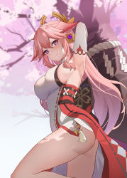 Rule 34 | 1girl, absurdres, animal ears, arm up, armpits, ass, breasts, cherry tree, earrings, fox ears, genshin impact, hair between eyes, hair ornament, highres, japanese clothes, jbell, jewelry, knee up, large breasts, long hair, looking at viewer, miko, pink hair, presenting armpit, purple eyes, shirt, sideboob, sleeveless, sleeveless shirt, smile, solo, tree, vision (genshin impact), white shirt, yae miko