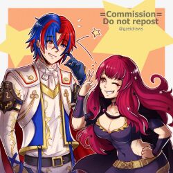 Rule 34 | 1boy, 1girl, alear (fire emblem), alear (male) (fire emblem), armor, black cape, blue eyes, blue hair, blush, bodysuit, breasts, cape, choker, cleavage, clothing cutout, crossed bangs, facial mark, fire emblem, fire emblem engage, gloves, gzei, hair ornament, heterochromia, highres, jewelry, large breasts, long hair, looking at viewer, multicolored hair, nintendo, red eyes, red hair, short hair, side cutout, simple background, smile, split-color hair, star (symbol), star facial mark, star hair ornament, two-tone hair, yunaka (fire emblem)