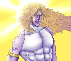 Rule 34 | 1boy, abs, armband, artist name, blonde hair, colored skin, dio brando, facial mark, heaven ascended dio, heavenly dio, jojo no kimyou na bouken, jojo no kimyou na bouken: eyes of heaven, kakyelling, long hair, male focus, muscular, purple skin, signature, solo, turtleneck, upper body, yellow background, yellow eyes