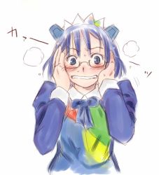 Rule 34 | 1girl, 2k-tan, blue eyes, blue hair, blush, bow, clenched teeth, glasses, hands on own cheeks, hands on own face, matching hair/eyes, os-tan, ribbon, short hair, simple background, solo, surprised, teeth, white background