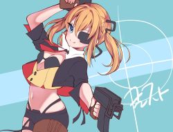 Rule 34 | 1girl, black gloves, black jacket, black shorts, blonde hair, blue eyes, breasts, clming, commentary request, cowboy shot, eyepatch, fingerless gloves, girls&#039; frontline, gloves, gun, hair between eyes, holding, holding gun, holding weapon, jacket, navel, shorts, sidelocks, skorpion (girls&#039; frontline), smile, solo, submachine gun, tongue, tongue out, twintails, weapon
