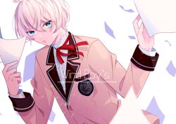 Rule 34 | 1boy, androgynous, blazer, blue eyes, brown jacket, collared shirt, copyright name, deconatade, highres, iizuka minato, jacket, long sleeves, looking at viewer, male focus, paper, red tie, shirt, short hair, solo, white background, white hair, white shirt, wind boys!