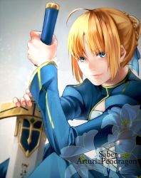Rule 34 | 1girl, ahoge, artoria pendragon (fate), blonde hair, blue eyes, character name, dress, excalibur (fate/stay night), fate/stay night, fate (series), fley3black, flower, hair ribbon, lily (flower), planted sword, planted, ribbon, saber (fate), solo, sword, weapon