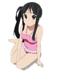 Rule 34 | 1girl, akiyama mio, barefoot, black eyes, black hair, frills, full body, highres, k-on!, long hair, official style, one-piece swimsuit, simple background, sitting, solo, swimsuit