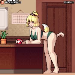 Rule 34 | 1boy, 1girl, animal crossing new leaf, animated, animated gif, artist name, ass, barefoot, bent over, blonde hair, blush, bouncing breasts, bra, breasts, character name, cleavage, collarbone, commentary, cup, disembodied penis, english commentary, eyelashes, feet, hetero, highres, holding, holding cup, isabelle (animal crossing), james cabello, medium breasts, midriff, mug, nintendo, one eye closed, open mouth, panties, penis, personification, pixel art, plant, potted plant, sex, sex from behind, standing, standing sex, tail, tail wagging, testicles, underwear