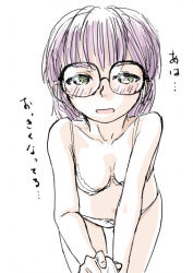 Rule 34 | 1girl, bra, breasts, chrono trigger, cleavage, commentary request, glasses, looking at viewer, lucca ashtear, open mouth, panties, pov, purple hair, s-a-murai, short hair, simple background, smile, solo, underwear, white background