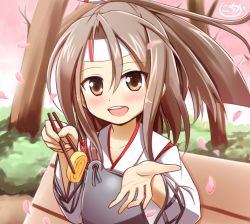 Rule 34 | 10s, 1girl, :d, blush, brown eyes, brown hair, cherry blossoms, chopsticks, feeding, food, hachimaki, headband, holding, incoming food, japanese clothes, kantai collection, looking at viewer, muneate, nichika (nitikapo), omelet, open mouth, petals, ponytail, pov feeding, signature, smile, solo, tamagoyaki, wind, zuihou (kancolle)