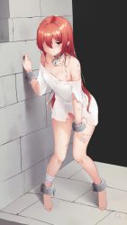 Rule 34 | 1girl, ahoge, arm support, artist request, bandaged leg, bandages, barefoot, blush, bruise, clenched teeth, collar, collarbone, cuffs, female focus, full body, hair over one eye, highres, injury, long hair, looking at viewer, nipple slip, nipples, red eyes, red hair, shackles, shiny skin, slave, solo, standing, teeth, toes, torn clothes