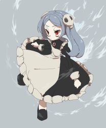 Rule 34 | 1girl, apron, bloody marie (skullgirls), brooch, dress, exposed bone, frilled apron, frilled dress, frills, grey background, grey hair, hair ornament, highres, iii (artist), jewelry, mary janes, red eyes, shoes, skull hair ornament, skullgirls, solo, twintails