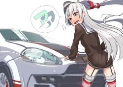 Rule 34 | 10s, 1girl, abarth, absurdres, amatsukaze (kancolle), ass, bad id, bad pixiv id, blush, brown eyes, car, dress, fiat, fiat grande punto, fiat punto, fukurou (suga0930), garter straps, hair tubes, highres, kantai collection, long hair, looking at viewer, looking back, motor vehicle, open mouth, sailor dress, school uniform, serafuku, short dress, silver hair, smile, solo, striped clothes, striped thighhighs, thighhighs, twintails, two side up, vehicle, zettai ryouiki