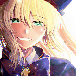 Rule 34 | 1girl, :d, artoria caster (fate), artoria caster (second ascension) (fate), artoria pendragon (fate), black headwear, blonde hair, blue cape, blue headwear, blush, bow, cape, collared shirt, commentary request, fate/grand order, fate (series), green eyes, hair between eyes, highres, long hair, long sleeves, looking at viewer, open mouth, portrait, reiro sakura, shirt, simple background, smile, solo, upper body, white background, white shirt