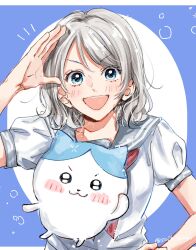 Rule 34 | 1girl, :3, :d, black eyes, blue background, blue eyes, blush, blush stickers, chiikawa, creature, grey hair, grey sailor collar, hachiware (chiikawa), hand on own hip, hand on own head, happy, highres, letterboxed, looking at viewer, love live!, love live! sunshine!!, medium hair, neckerchief, open mouth, red neckerchief, sailor collar, saitou shiori (pixiv14549321), school uniform, serafuku, short sleeves, sleeve cuffs, smile, straight-on, upper body, watanabe you, white serafuku