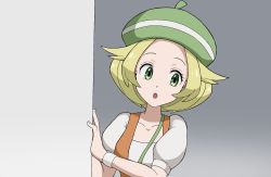 Rule 34 | 1girl, :o, beret, between breasts, bianca (pokemon), blonde hair, breasts, collarbone, commentary request, creatures (company), dress, game freak, green eyes, green hat, grey background, hat, highres, koniko (525lj), looking to the side, nintendo, open mouth, orange vest, peeking out, pokemon, pokemon bw, short hair, short sleeves, solo, strap between breasts, upper body, vest, white dress, white wristband
