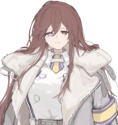 Rule 34 | 1girl, armband, bad id, bad twitter id, breasts, brown hair, coat, dress, fuyu yafunu, grey coat, hair between eyes, heterochromia, highres, large breasts, last origin, long hair, looking at viewer, open clothes, open coat, parted lips, simple background, solo, upper body, valkyrie (last origin), white background, white dress